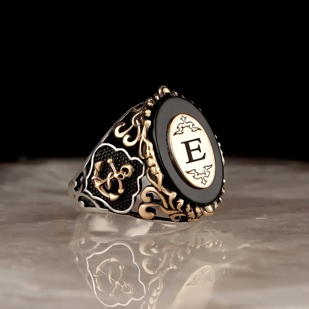 Tesbihevim 925 silver men's ring with agate stone and your own letter - 1