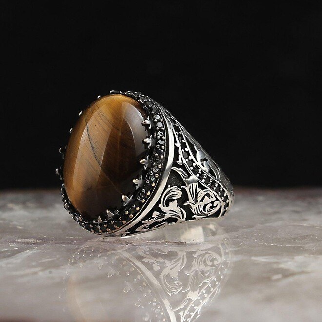 925 Silver Ring with Tiger Eye Stone - Men's Rings - 1