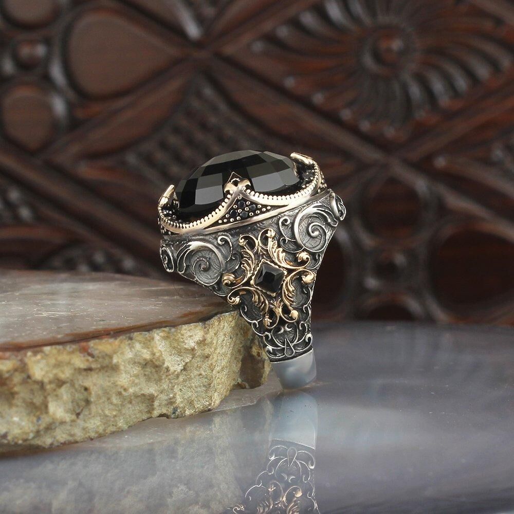 925 Silver Ring with Zircon and Distinctive Engravings - Men's Rings - 1