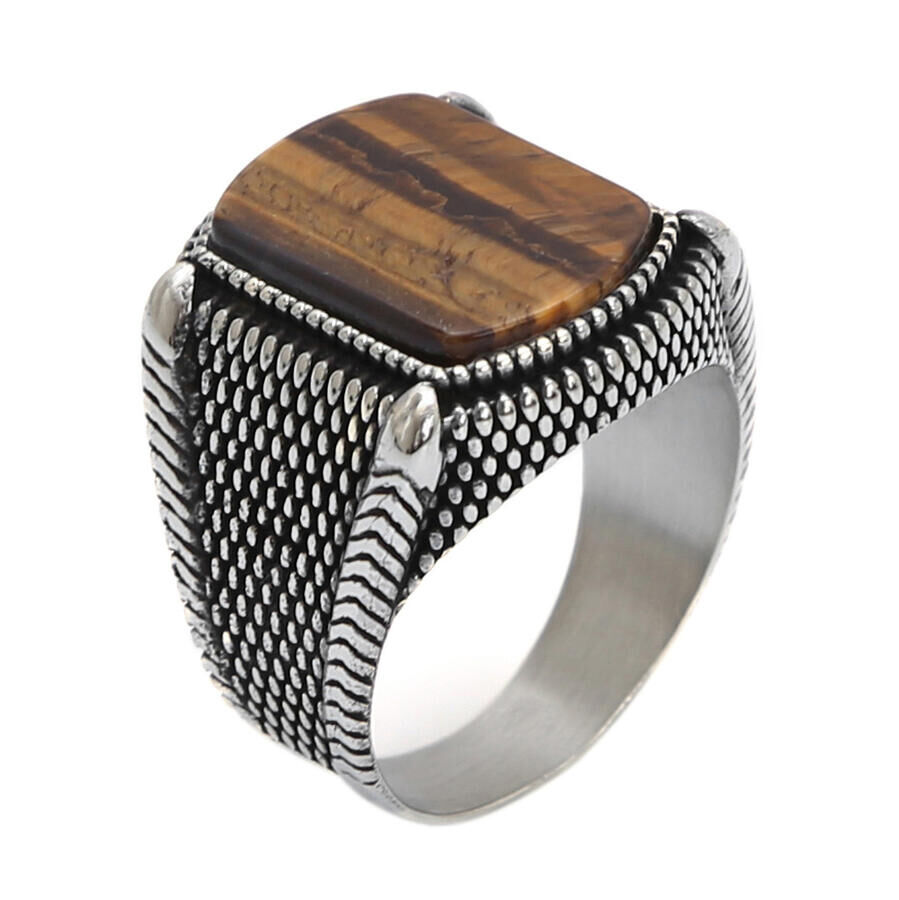 925 Sterling Silver Brown Tiger Eye Stone Men's Ring - 2