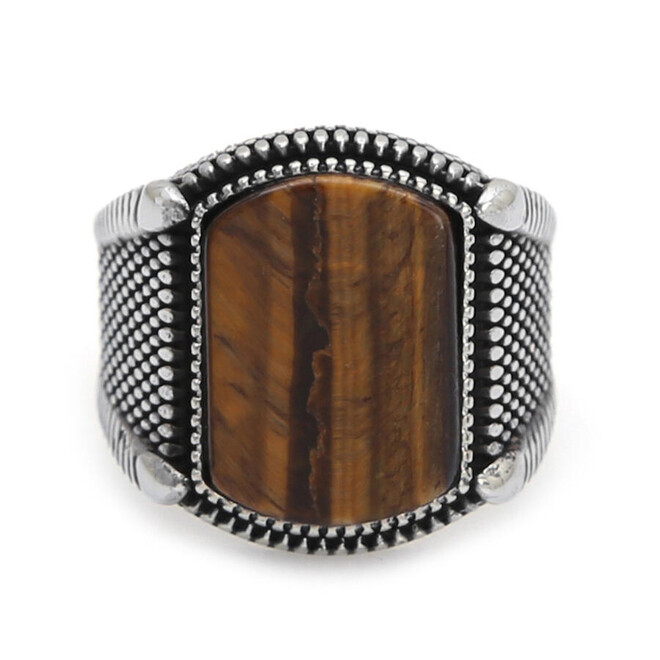 925 Sterling Silver Brown Tiger Eye Stone Men's Ring - 1