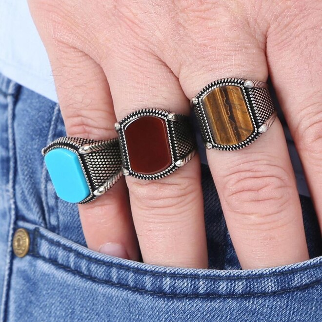 925 Sterling Silver Brown Tiger Eye Stone Men's Ring - 4