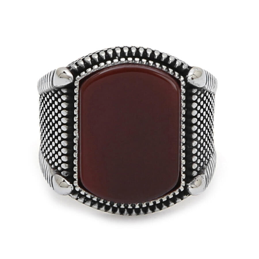 925 Sterling Silver Claret Red Agate Stone Men's Ring - 1