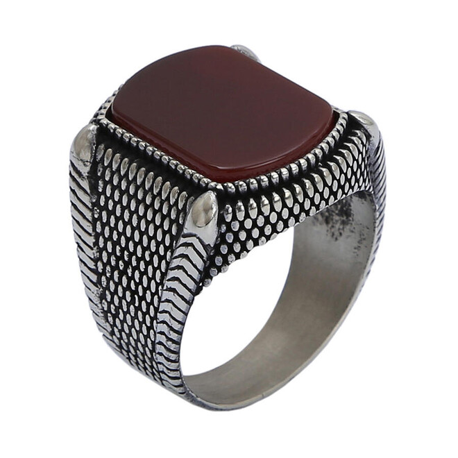 925 Sterling Silver Claret Red Agate Stone Men's Ring - 4