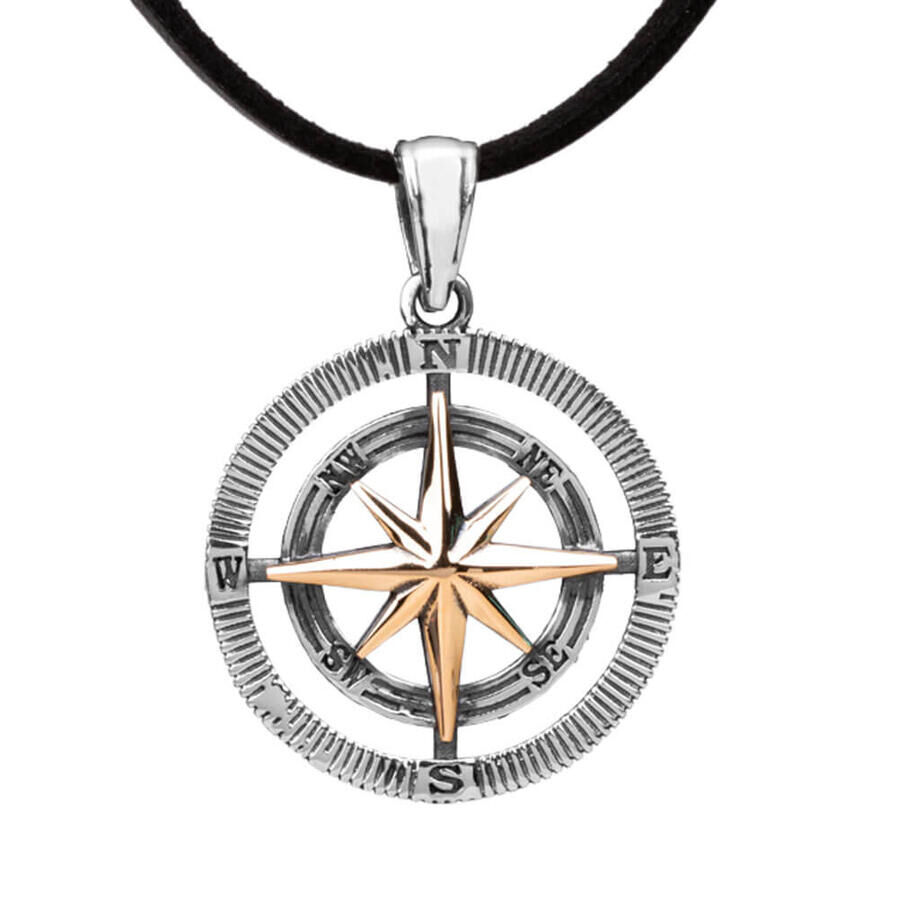 925 Sterling Silver Compass Men's Necklace (Leather Cord) - 1