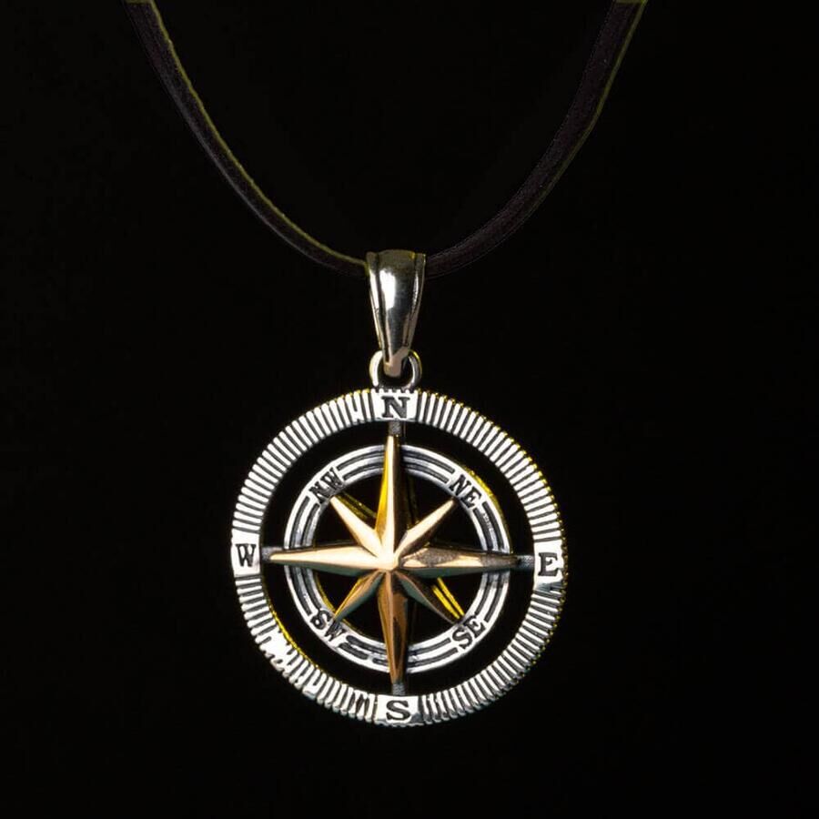 925 Sterling Silver Compass Men's Necklace (Leather Cord) - 2