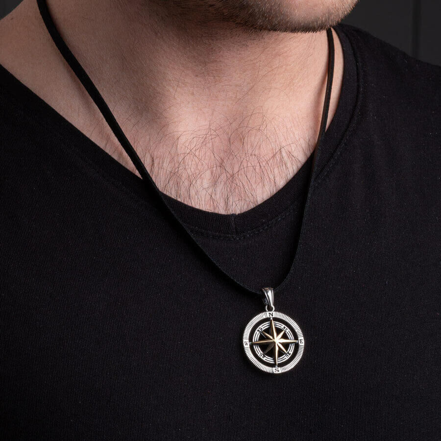 925 Sterling Silver Compass Men's Necklace (Leather Cord) - 3