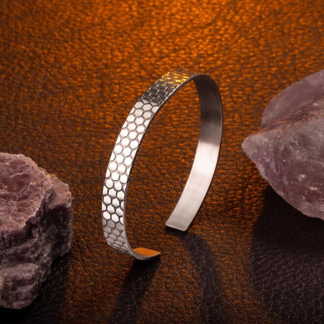 925 Sterling Silver Men's Honeycomb Pattern Cuff Bracelet - 2