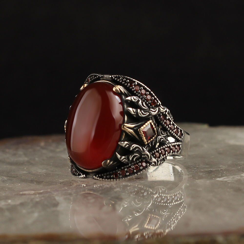 Tesbihevim 925 Sterling Silver Men's Ring with Agate Stone - 1