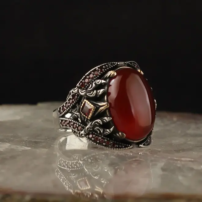 Tesbihevim 925 Sterling Silver Men's Ring with Agate Stone - 3