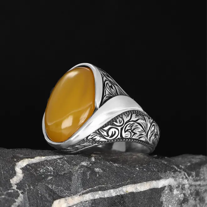 Tesbihevim 925 Sterling Silver Men's Ring with Agate Stone - 4