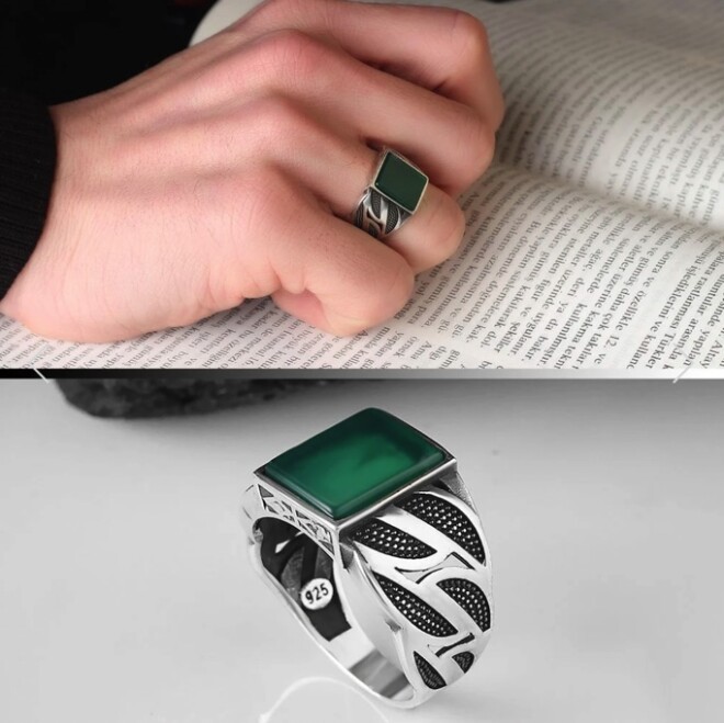 Sterling Silver Men's Ring with Green Agate Stone - 1