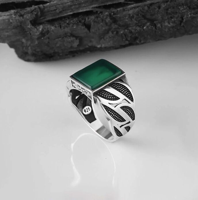 Sterling Silver Men's Ring with Green Agate Stone - 2