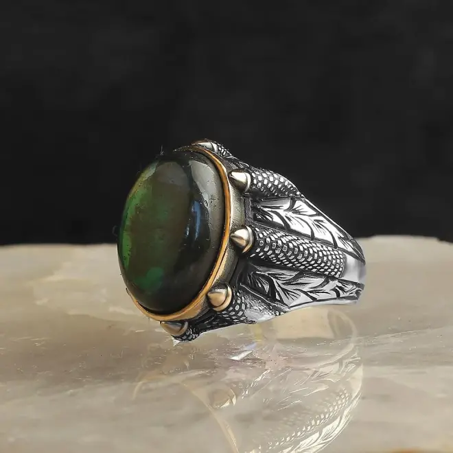 Tesbihevim 925 Sterling Silver Men's Ring with Labradorite Stone - 1