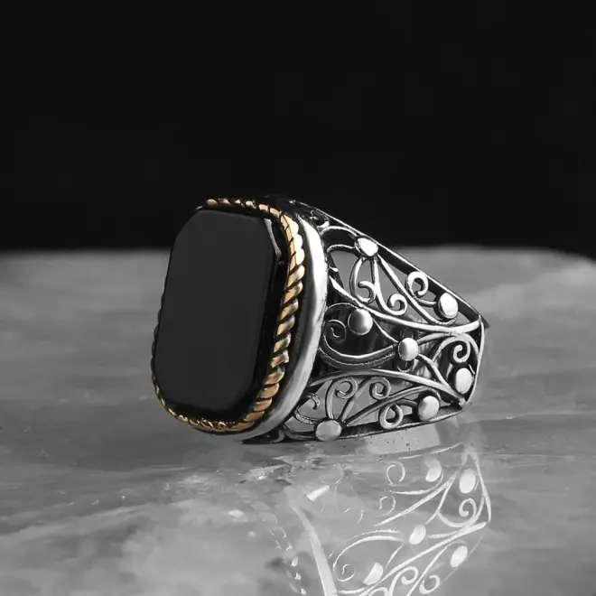 Tesbihevim 925 Sterling Silver Men's Ring with Onyx Stone - 3