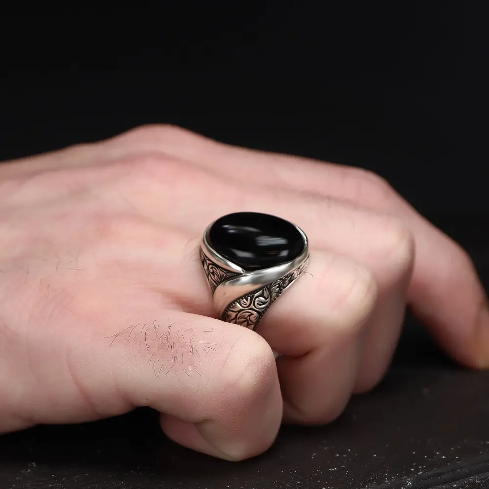 Tesbihevim 925 Sterling Silver Men's Ring with Onyx Stone - 2