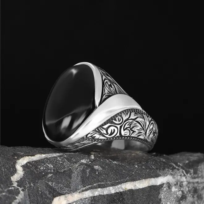 Tesbihevim 925 Sterling Silver Men's Ring with Onyx Stone - 3