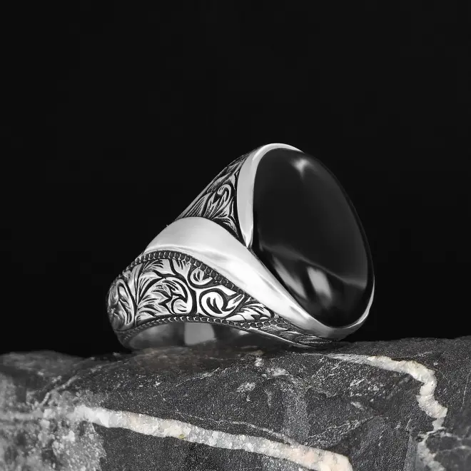 Tesbihevim 925 Sterling Silver Men's Ring with Onyx Stone - 1