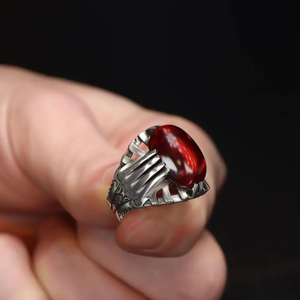 Tesbihevim 925 Sterling Silver Men's Ring with Red Agate Stone - 1