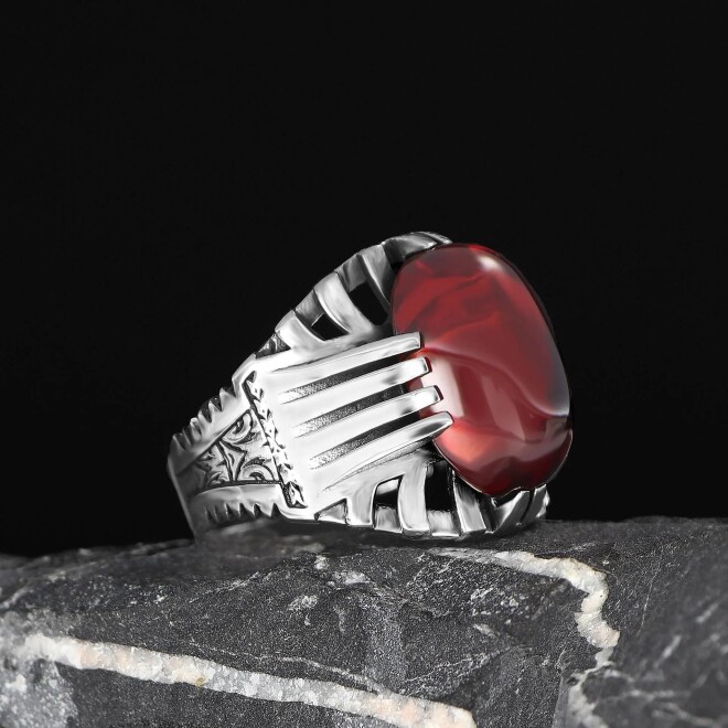 Tesbihevim 925 Sterling Silver Men's Ring with Red Agate Stone - 3