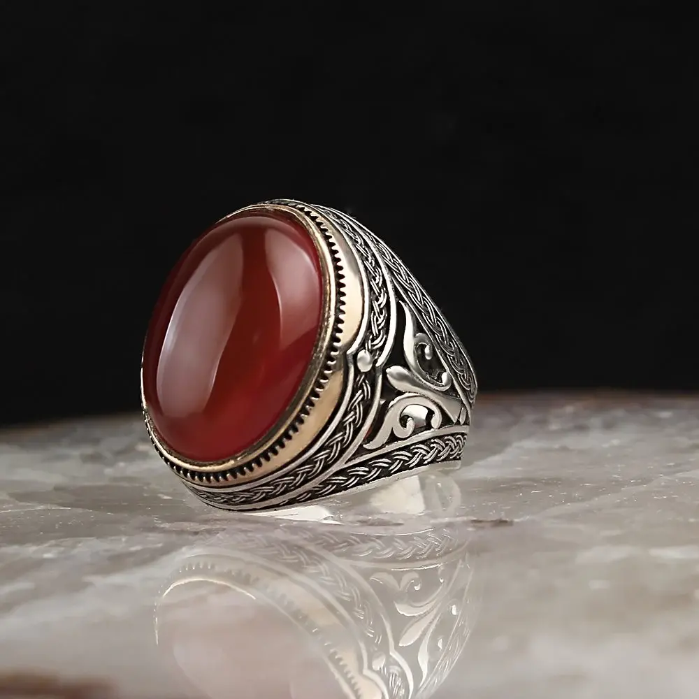 Tesbihevim 925 Sterling Silver Men's Ring with Red Agate Stone - 1