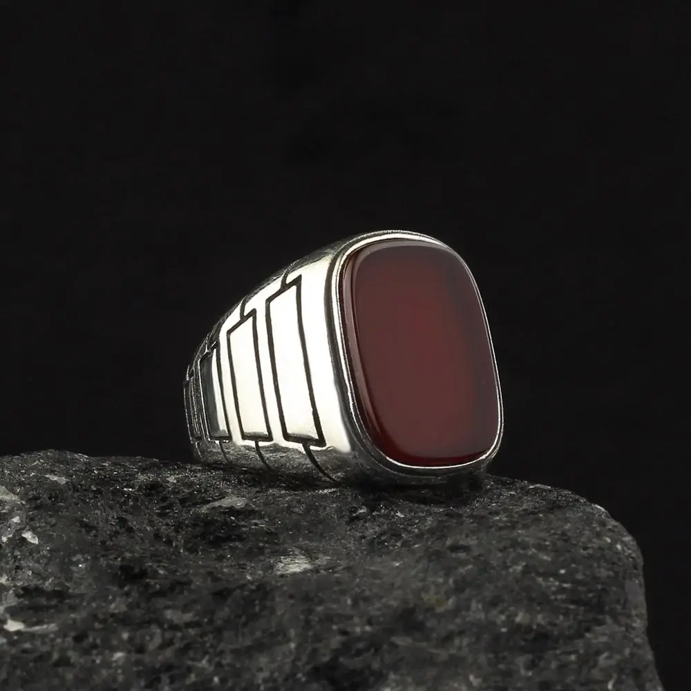 Tesbihevim 925 Sterling Silver Men's Ring with Red Agate Stone - 1