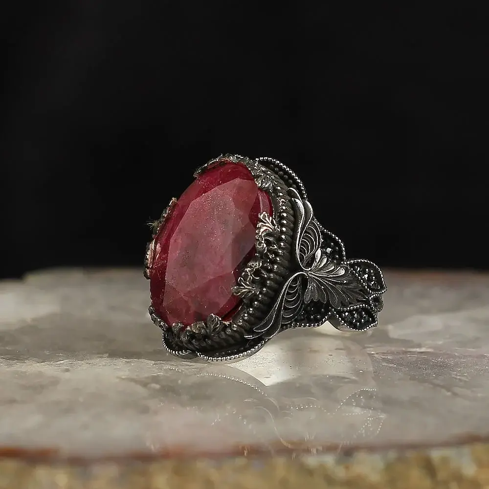 Tesbihevim 925 Sterling Silver Men's Ring with Ruby Stone - 2