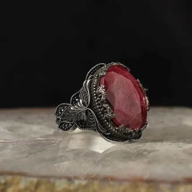 Tesbihevim 925 Sterling Silver Men's Ring with Ruby Stone - 3