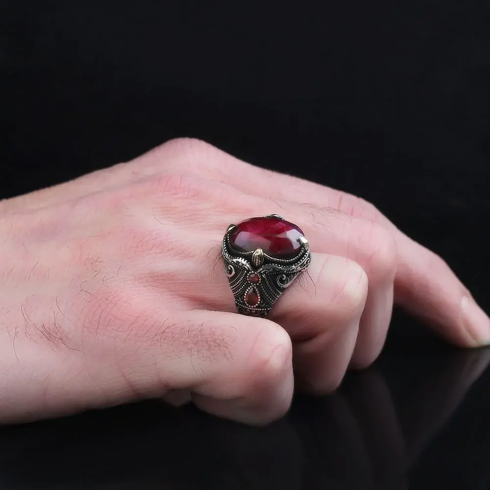 Tesbihevim 925 Sterling Silver Men's Ring with Ruby Stone - 1