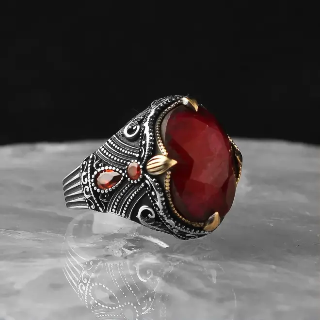 Tesbihevim 925 Sterling Silver Men's Ring with Ruby Stone - 2