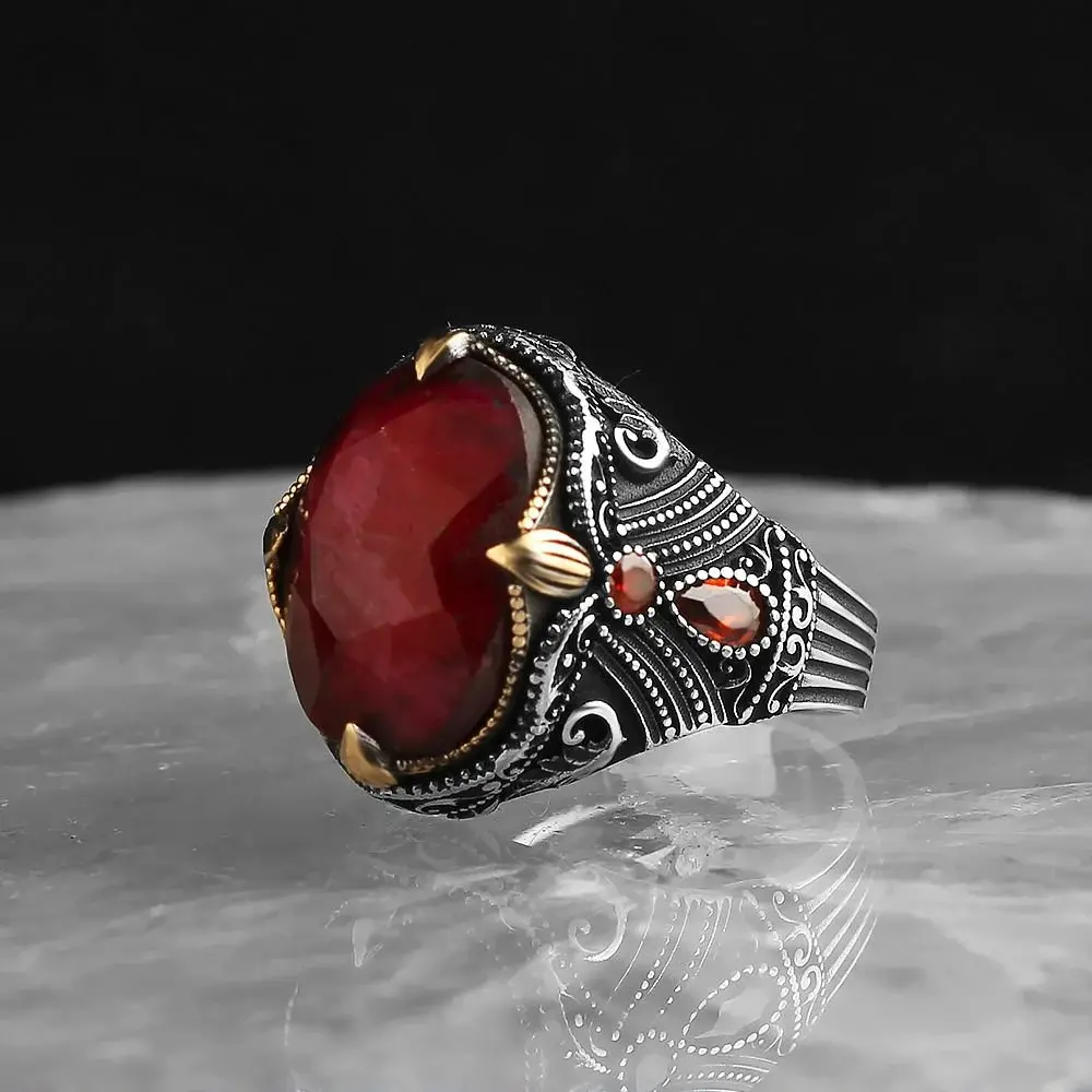 Tesbihevim 925 Sterling Silver Men's Ring with Ruby Stone - 3