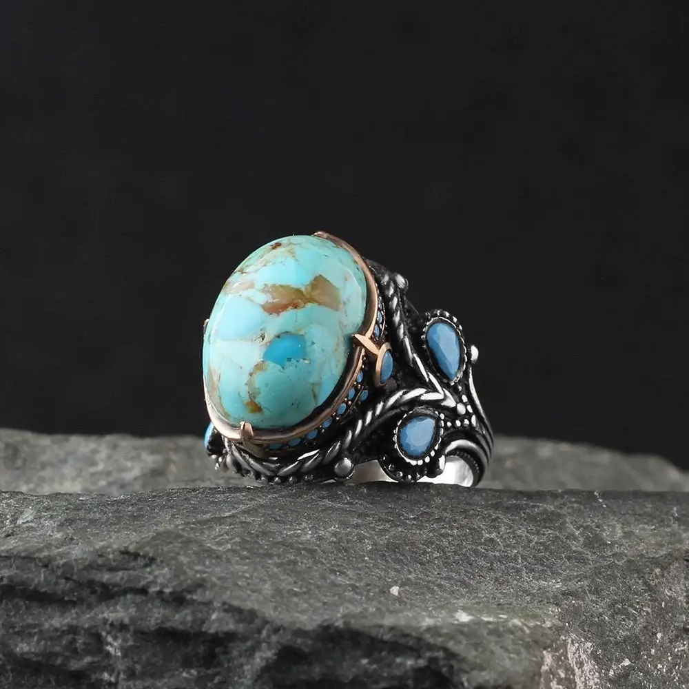 Tesbihevim 925 Sterling Silver Men's Ring with Turquoise Stone - 1