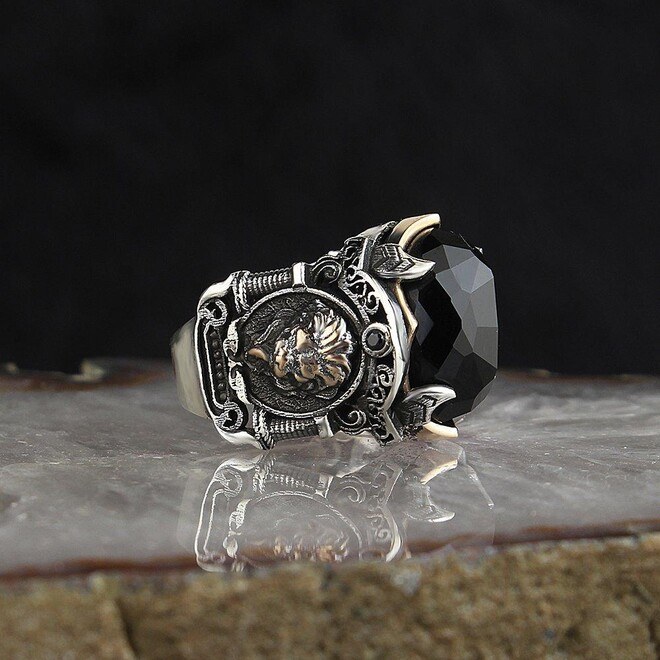 925 Sterling Silver Ring with Lion Design Zircon - Mens Rings