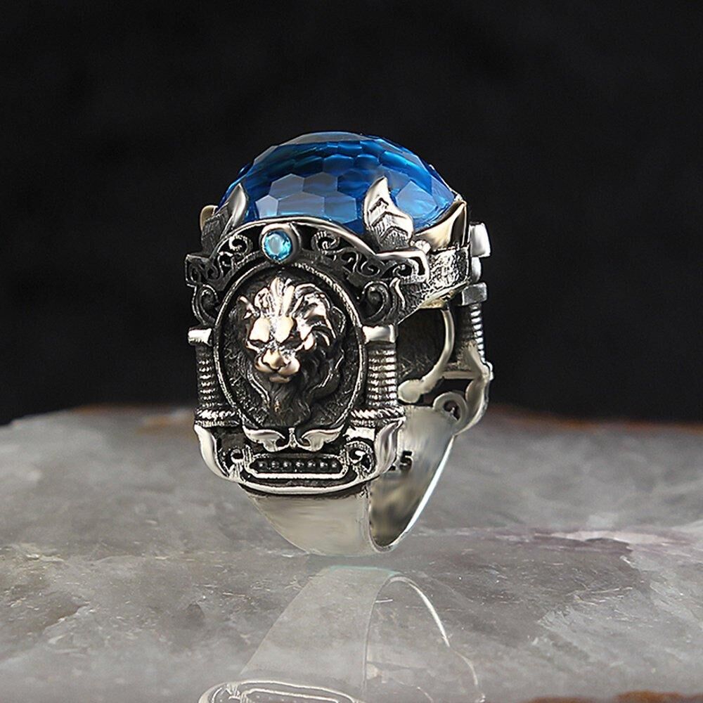 925 Sterling Silver Ring with Lion Design Zircon - Mens Rings - 12