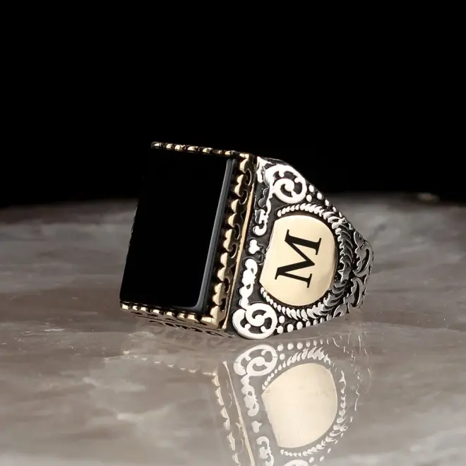 Tesbihevim 925 Sterling Silver Ring with Onyx Stone and chosen Letter - 1