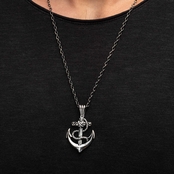 925 Sterling Silver Sailor Anchor Men's Necklace (Thick Chain) - 3