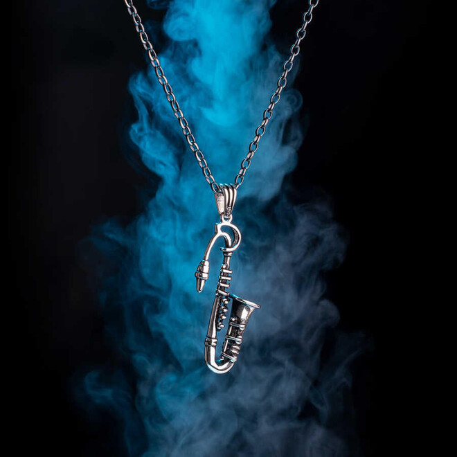 925 Sterling Silver Saxophone Men's Necklace (Thick Chain) - 3