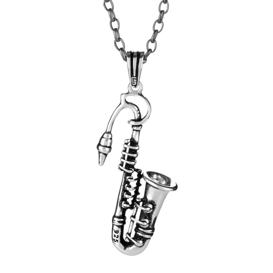 925 Sterling Silver Saxophone Men's Necklace (Thick Chain) - 1