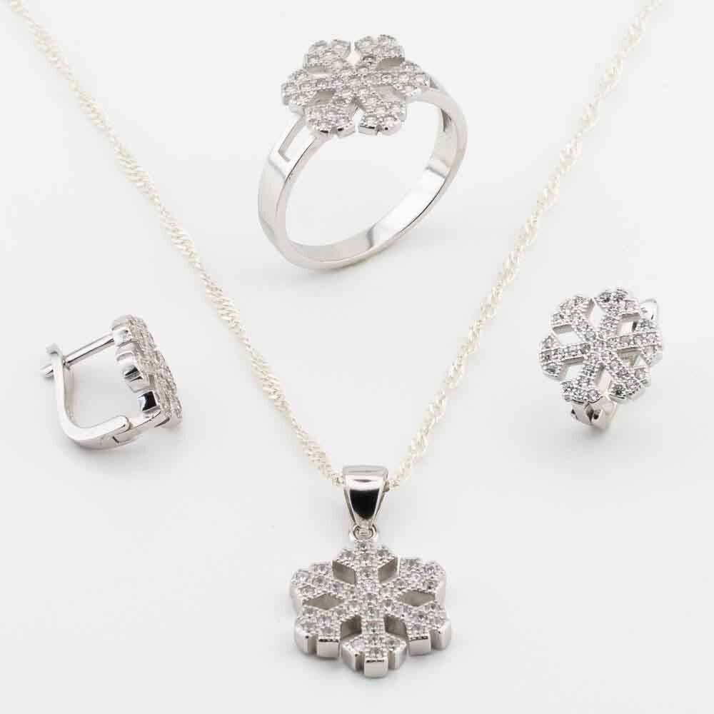 925 Sterling Silver Set with Zircon Stone and Snowflake Design - 1