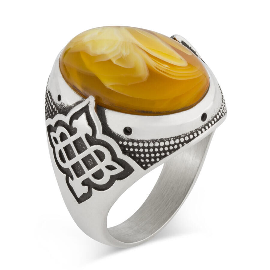 925 Sterling Silver Symmetrical Patterned Yellow Stone Men's Ring - 1