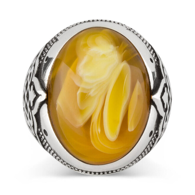 925 Sterling Silver Symmetrical Patterned Yellow Stone Men's Ring - 2