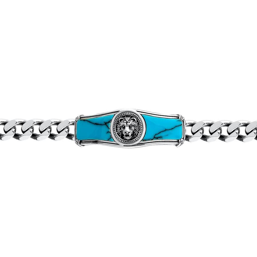 925 Sterling Silver Turquoise Stone Men's Lion Bracelet - 1