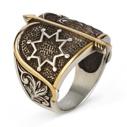 Alparslan Büyük Seljuk Şahin Pattern Starry Silver Men's Ring - 1