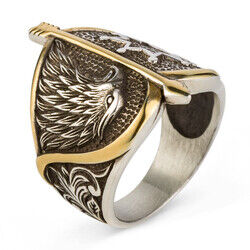 Alparslan Büyük Seljuk Şahin Pattern Starry Silver Men's Ring - 3