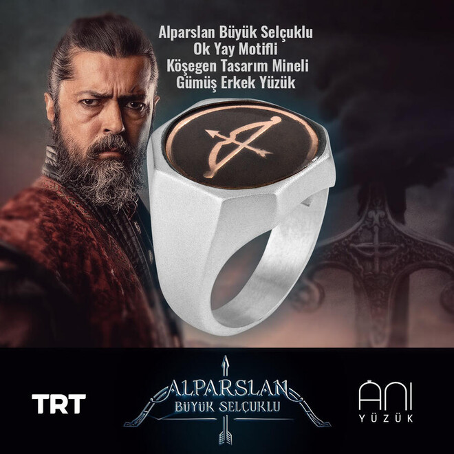 Men's silver enameled ring with a diagonal design and Great Seljuk bow Pattern - 5