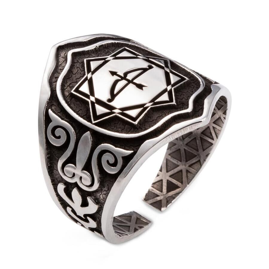 Alparslan Great Seljuk Eight-pointed Star Arrow Bow Men's Silver Zihgir Ring - 1