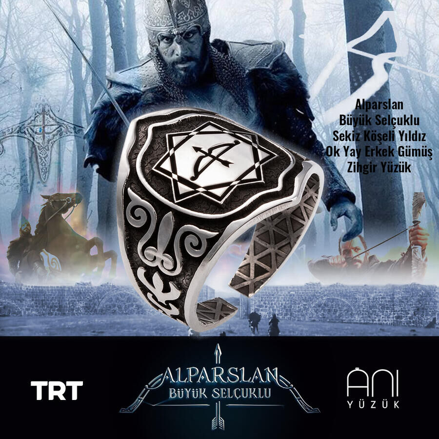 Alparslan Great Seljuk Eight-pointed Star Arrow Bow Men's Silver Zihgir Ring - 4