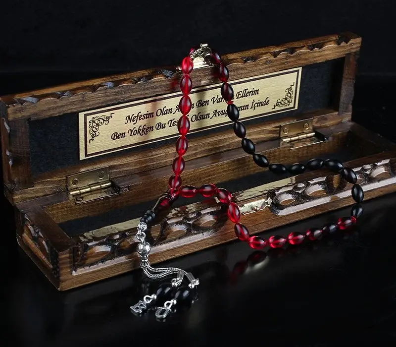 Tesbihevim Amber Prayer Beads with Silver Tassel and Letters in Wooden Box - 1