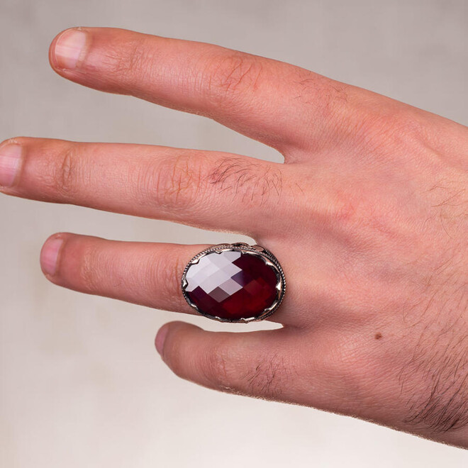 Ax Patterned Faceted Red Zircon Stone Men's Ring - 2