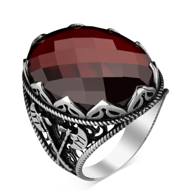 Ax Patterned Faceted Red Zircon Stone Men's Ring - 1